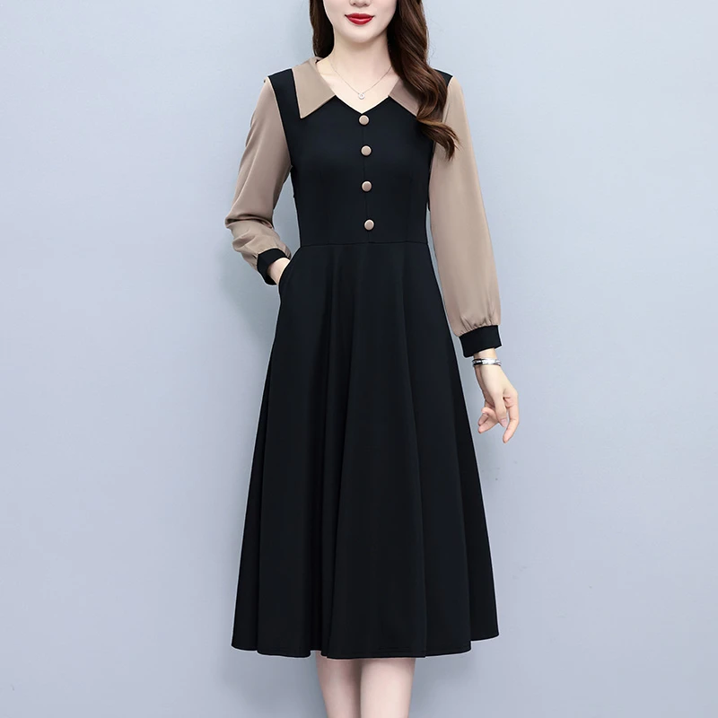 网红气质中长款修身撞色大码女装胖mm春秋新款长袖打底连衣裙外穿