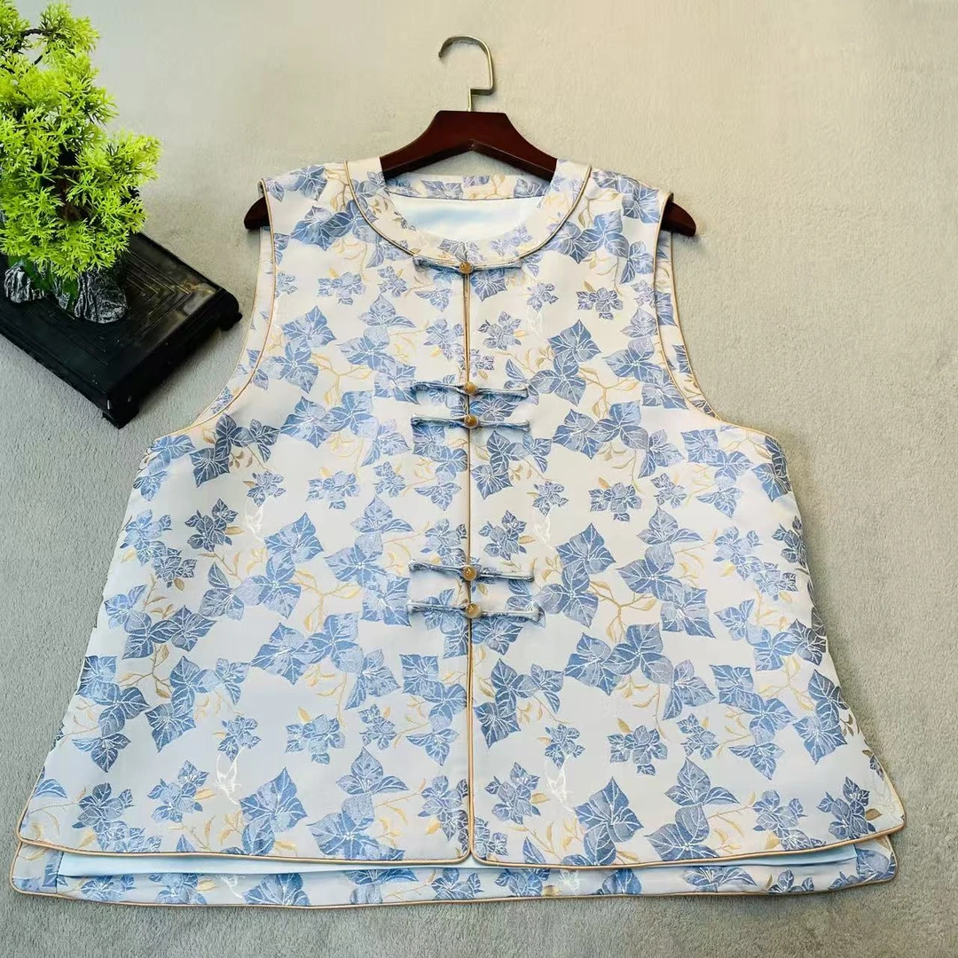 千丝万可《树枝三角梅》宋锦桑蚕丝马甲国风新中式手工一字盘扣气质