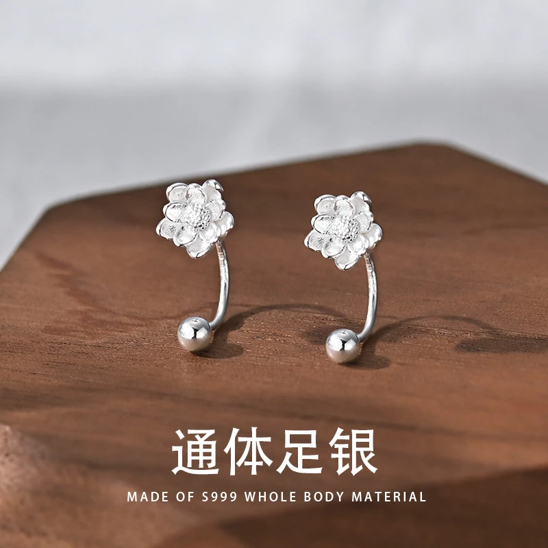 足银耳饰 S999足银莲花弯钩螺丝耳钉新中式清新淡雅小众耳饰E556