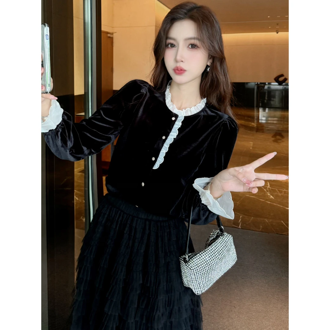 已出货2026春季新款撞色丝绒衬衫女刺绣拼接小个子气质上衣职业装