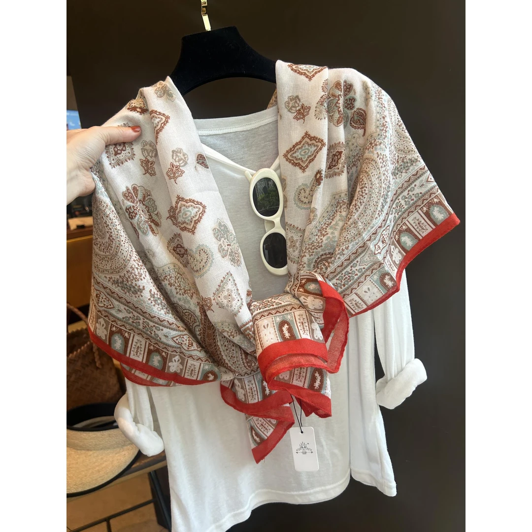 Miss both丝巾女秋韩版红色边印花长纱巾空调围巾女防晒披肩两用