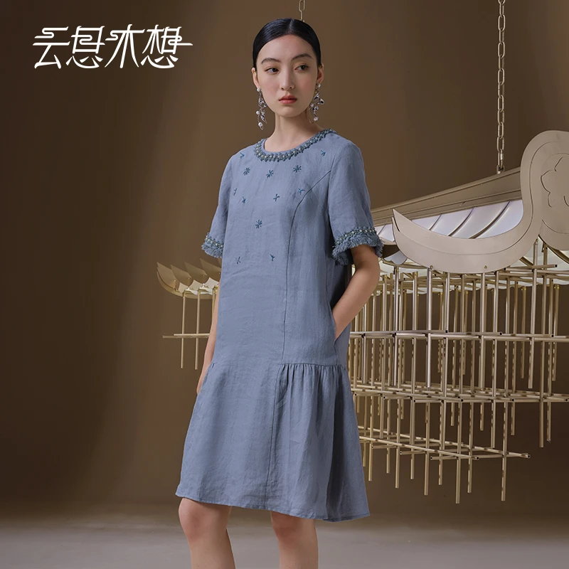 Ysimo-X云思木想 星澜梦舒 金丝钉珠织带100亚麻优雅连衣裙12805