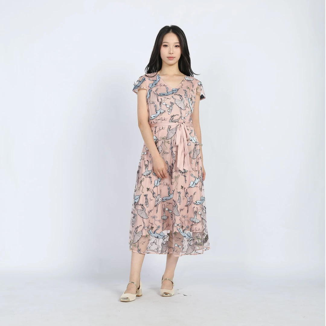 Anlom/娅奴短袖长裙夏季碎花吸汗常规连衣裙气质礼服轻奢荡领
