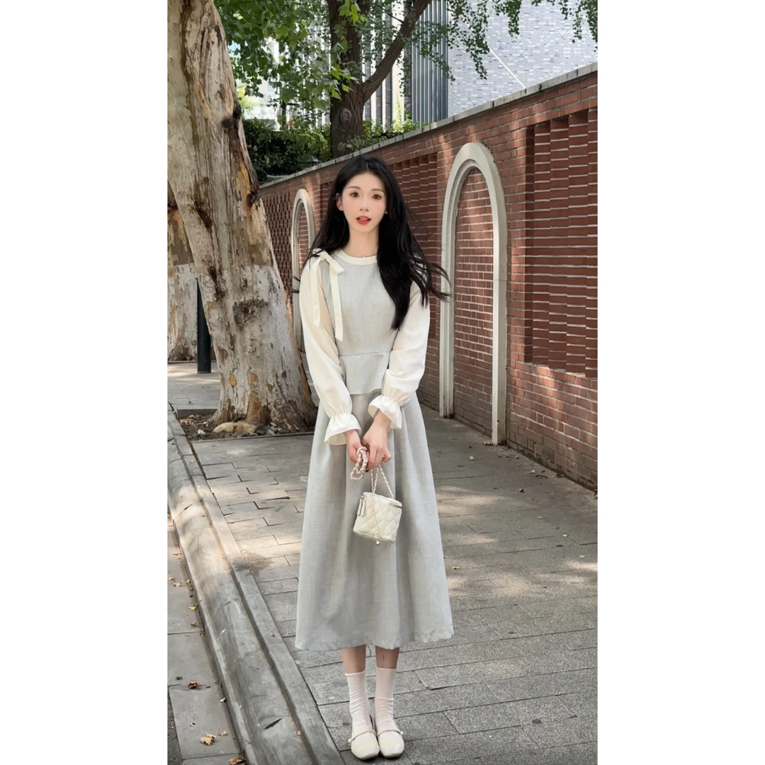 鹿向南【流光蓝屿】2025年秋季新款假两件连衣裙QJD00635