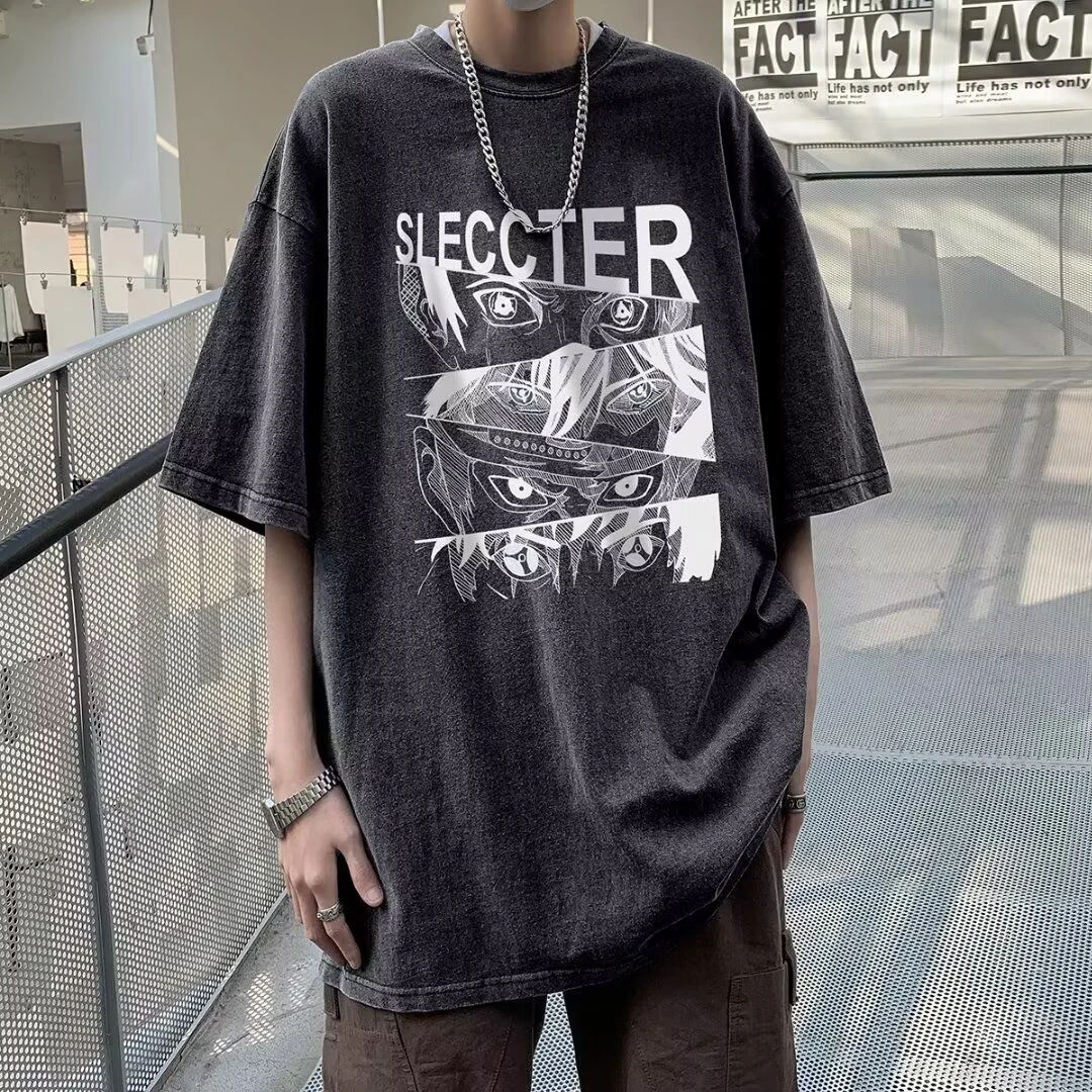 特大码300斤男士t恤高街男水洗做旧复古短袖宽松美式复古五分袖男