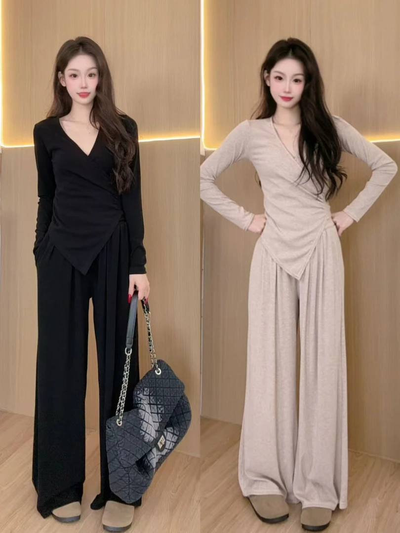 交叉v领不规则长袖开衫上衣女2025冬季套装垂感阔腿长裤两件套