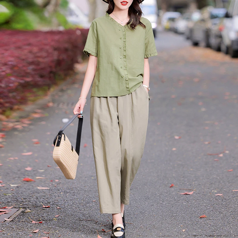 【厂家福利】棉麻套装新款女装2024夏款时尚中年妈妈短袖九分裤亚麻