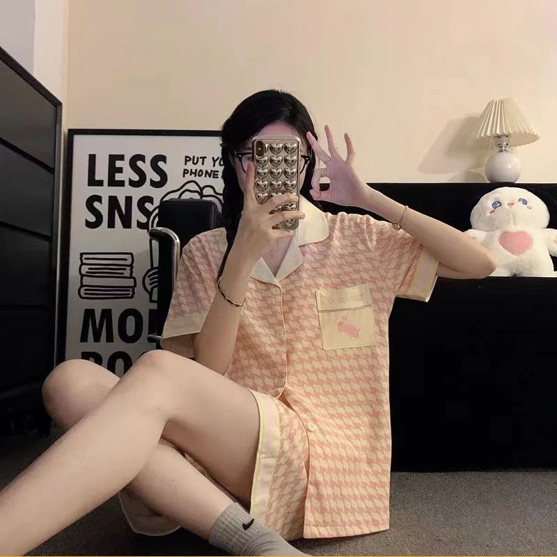 夏季甜美女款粉色千鸟格睡衣女短袖开衫套装宽松可外穿女士家居服