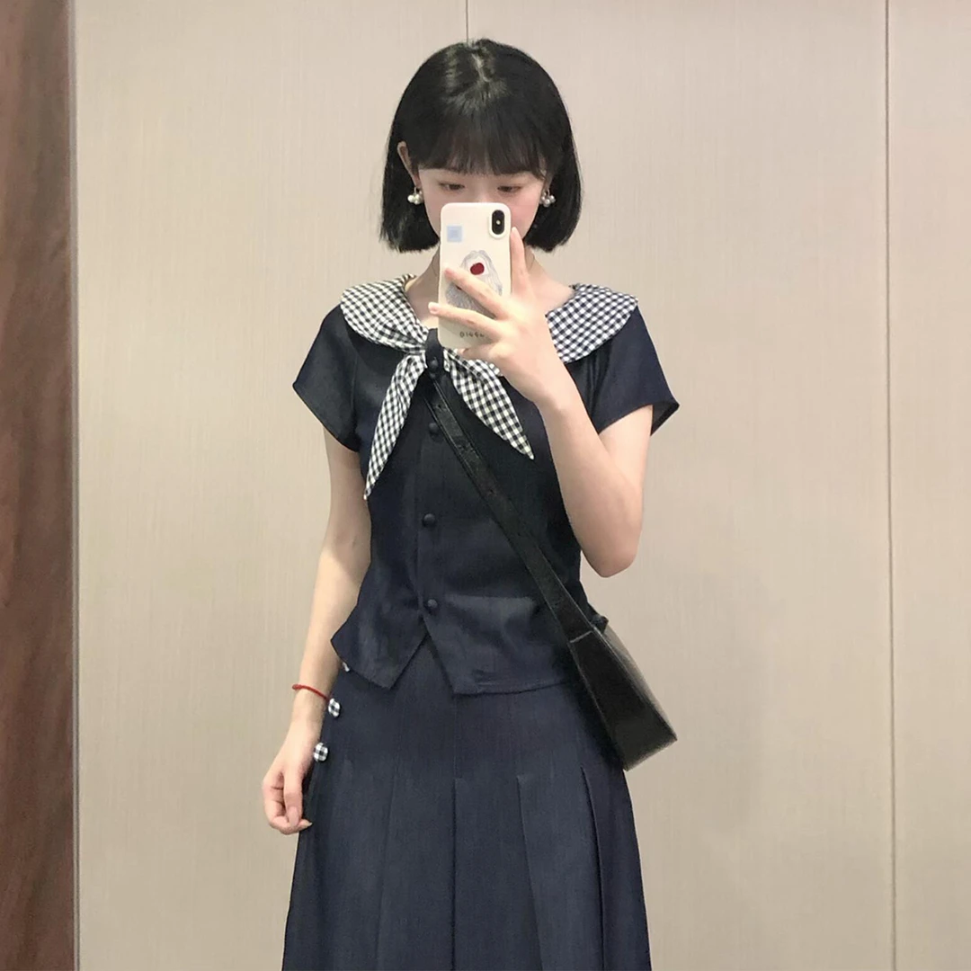 2025夏季法式学院风短袖连衣裙子女独特漂亮掐腰两件套装长裙4167