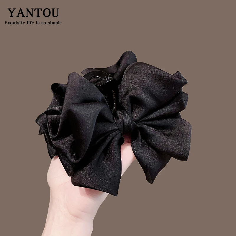 黑色缎面蝴蝶结抓夹女新款高级感后脑勺发量多大号鲨鱼夹公主头饰