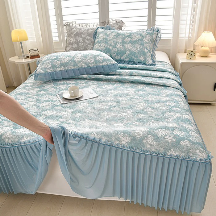 ins公主风PE双面提花凉感冰豆豆床裙三件套夏季软席空调席可水洗