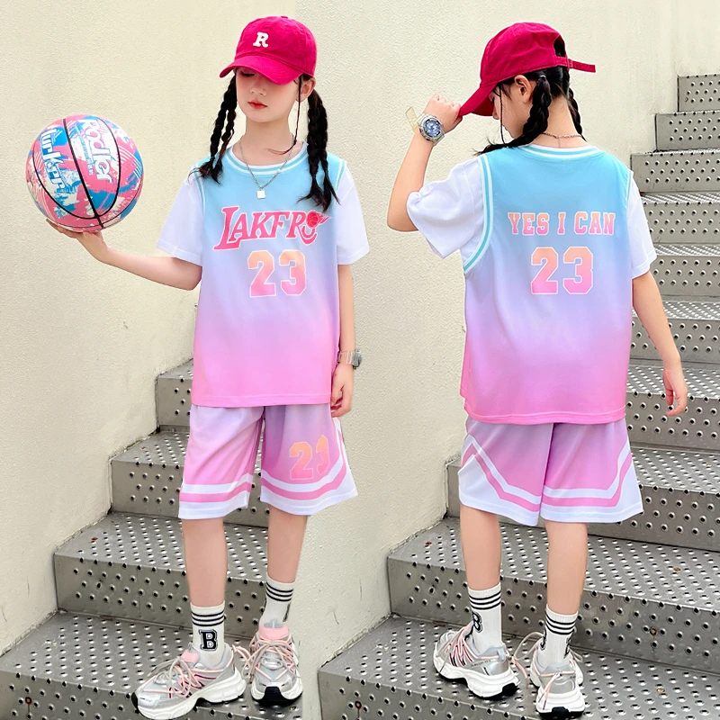 女童短袖篮球服夏季套装中大儿童假两件训练服女孩速干运动服球衣