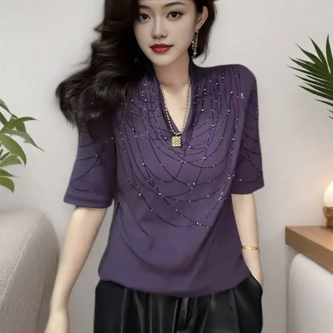 夏季新款洋气时尚重工修身紫色短袖V领女装上衣大码显瘦气质