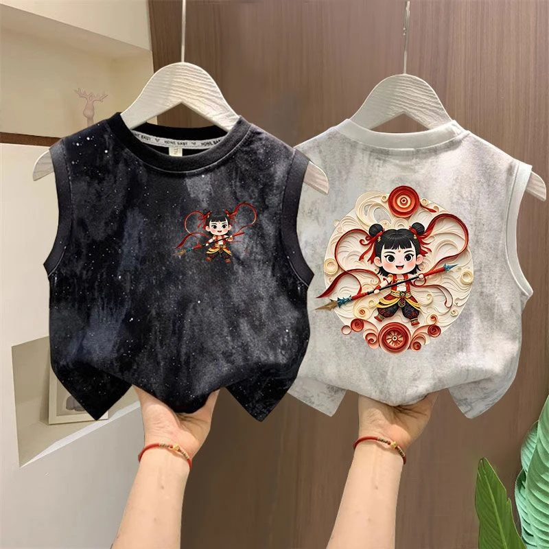 新款国潮哪吒2025夏季纯棉无袖背心男童女童卡通哪吒T恤上衣通用