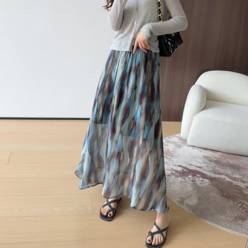 法式气质~轻盈透气天丝晕染半身裙女艺术渐变印花宽松A字中长裙子