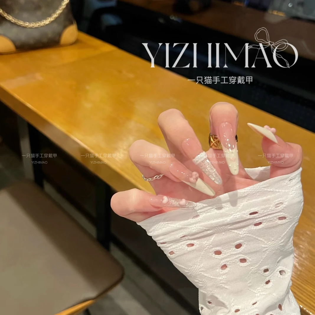 【欧若风】一只猫·miu系芭蕾风甜美手绘白法式爱心泡泡手工穿戴甲