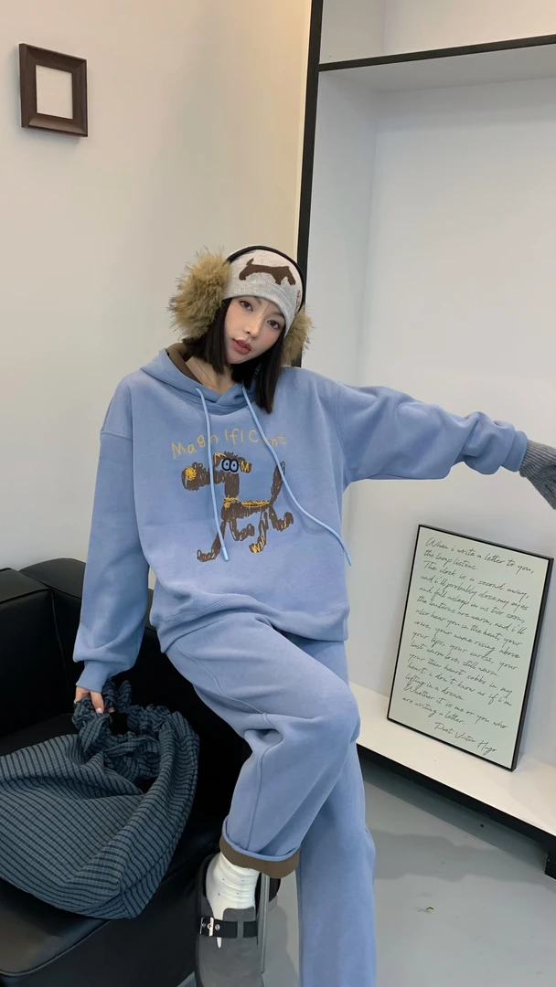 0439【冬季加绒】抽象可爱毛线狗狗连帽加绒卫衣（3961）