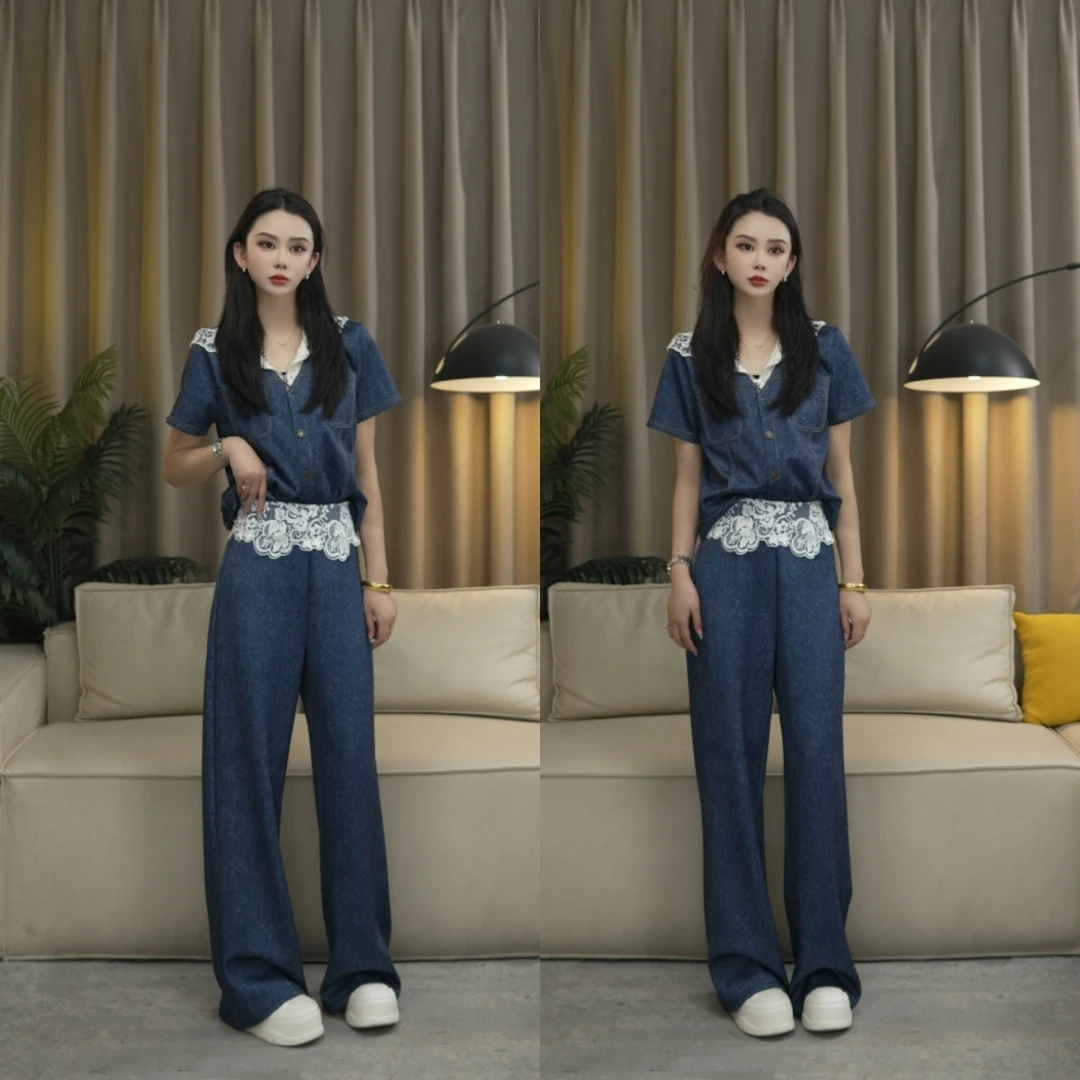 复古牛仔套装女夏季蕾丝拼接马甲高腰阔腿裤两件套
