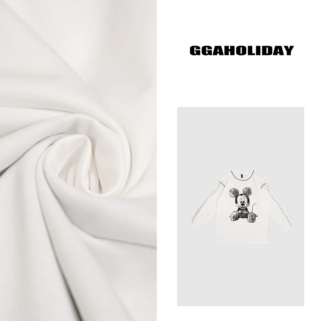 GGAHOLIDAY春秋时尚宽松白色印花圆领休闲打底薄款长袖T恤-152263