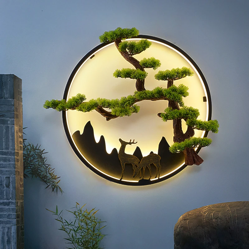 迎客松户外壁灯防水庭院影壁墙背景外墙新中式禅意装饰围墙壁画灯