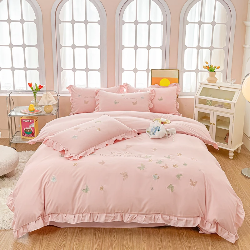 水洗棉清新床上四件套床上用品 蝶羽粉