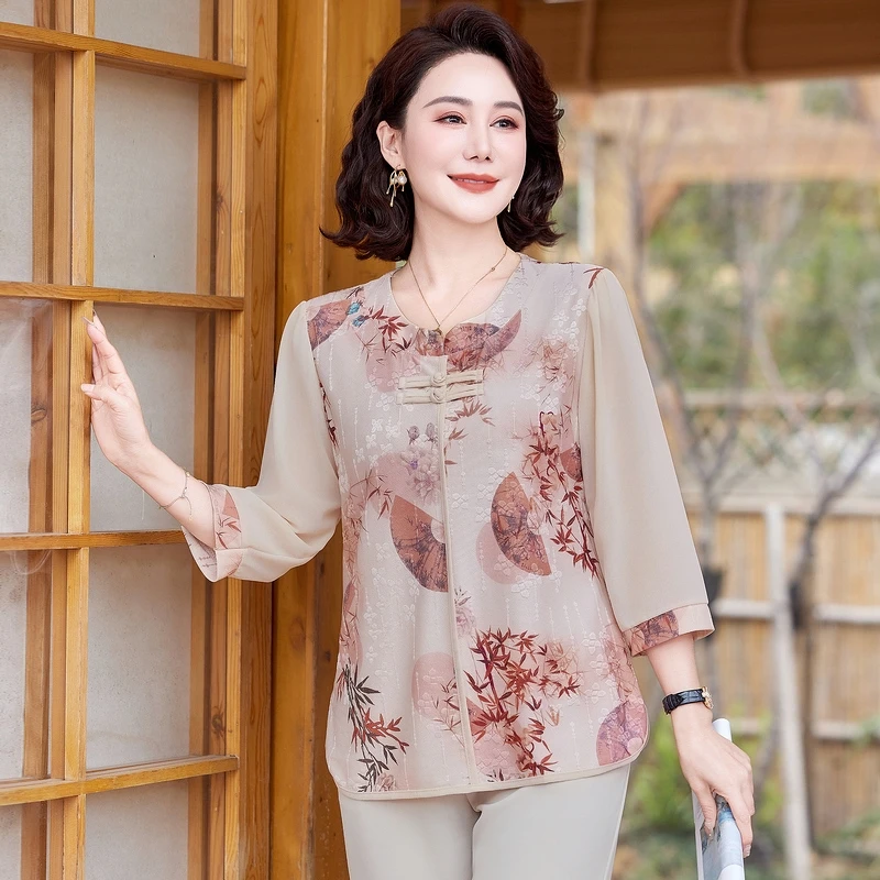 中老年妈妈装新中式国风古韵夏季妈妈中袖气质显瘦洋气宽松时尚