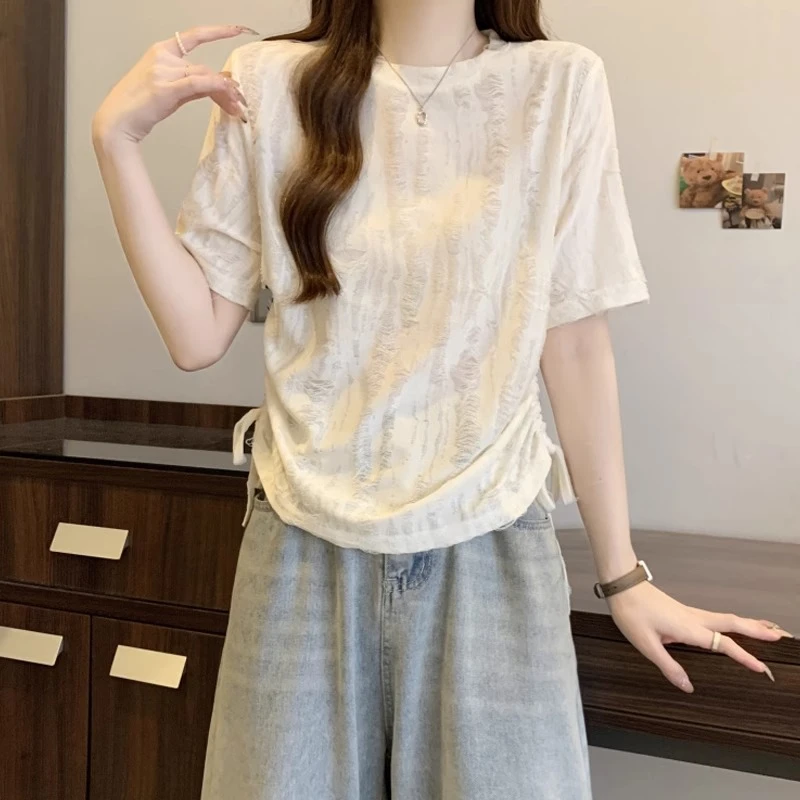 设计感破洞时尚抽绳短袖T恤女夏大码胖mm显瘦不规则收腰辣妹上衣