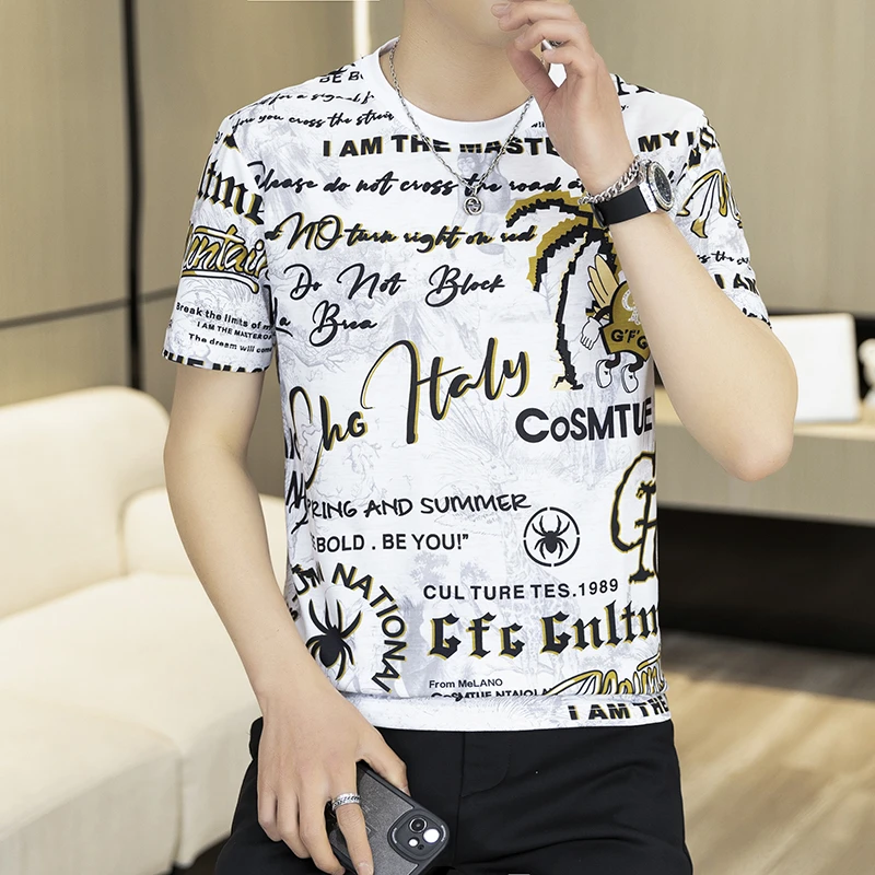 2025夏季新款潮牌时尚字母印花网红帅气圆领百搭短袖T恤男潮半袖