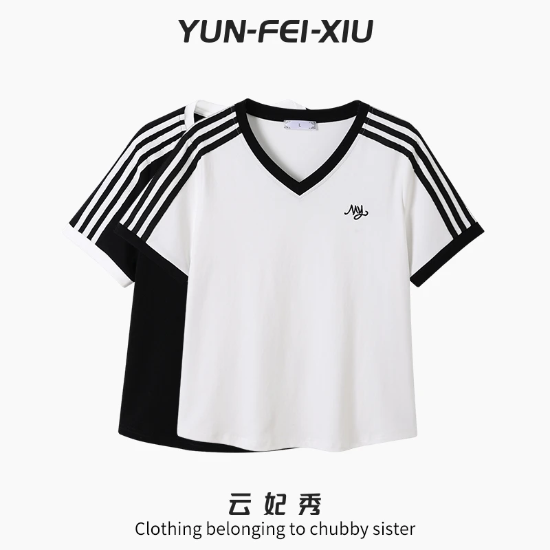 云妃秀大码女装T恤宽松百搭时尚韩版遮肉显瘦胖妹妹上衣夏季9916