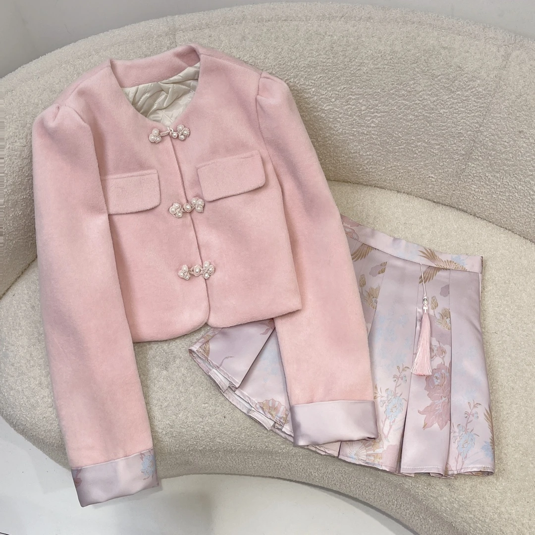 W00651国风新中式套装女珠珠扣套装短裙