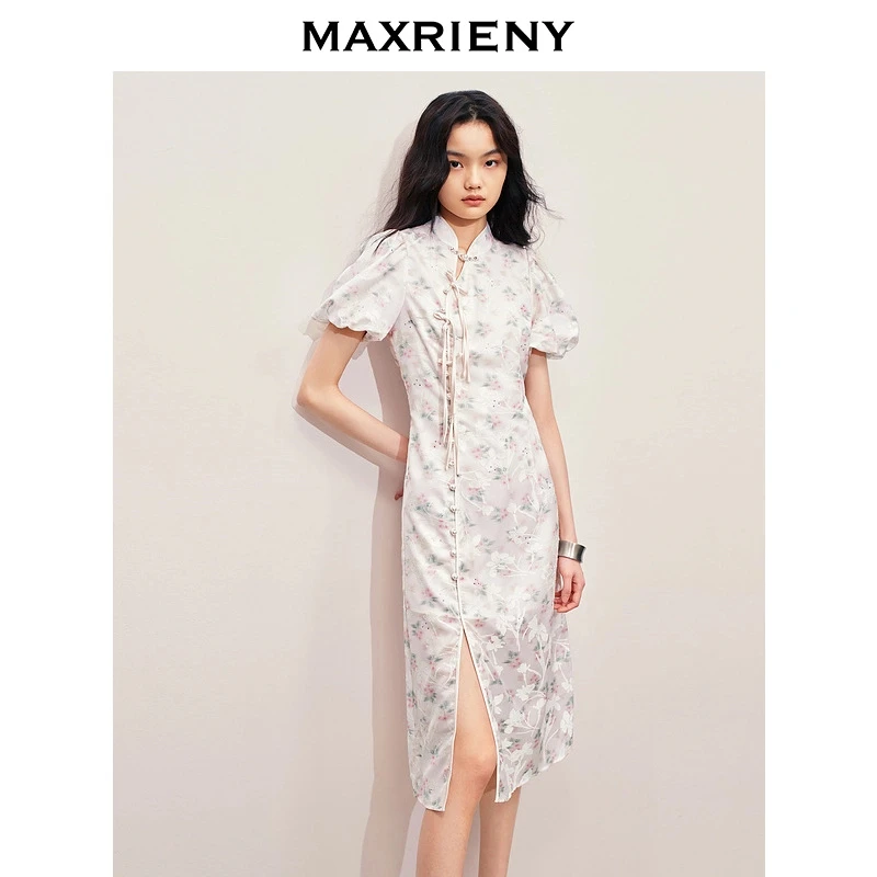 MAXRIENY新中式手工盘扣连衣裙复古国风开衩裙子