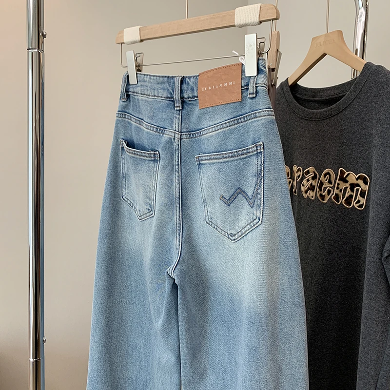 Julychee 侧缝拼接直筒牛仔裤阔腿长裤弯刀裤