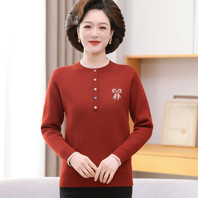 秋冬圆领毛衣妈妈打底上衣新款宽松洋气针织衫6826