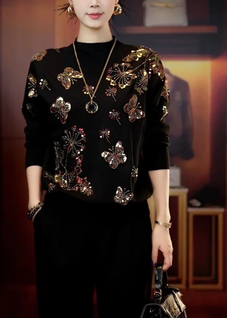 带钻花卉针织衫妈妈装洋气羊毛衫女套头宽松百搭时尚毛衣1802