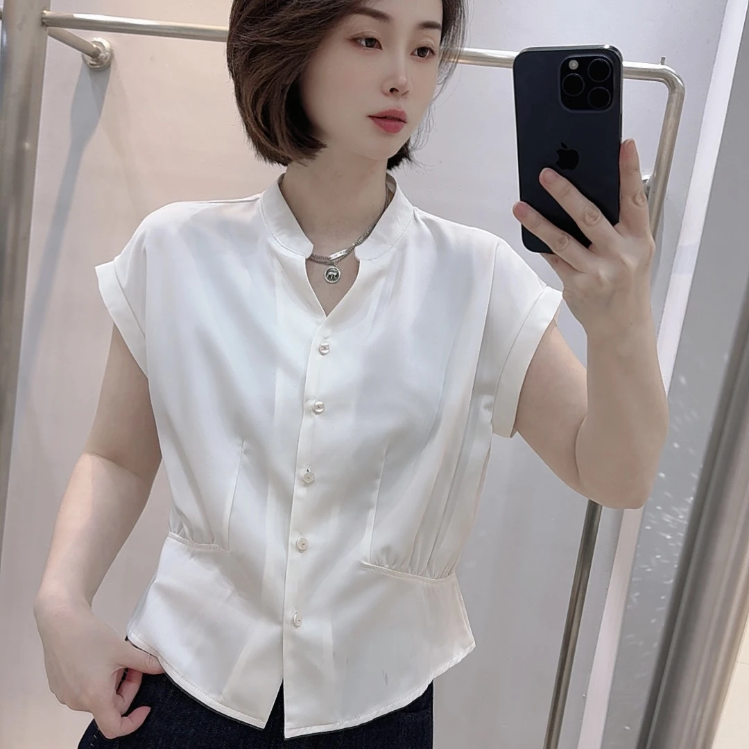 【2881】夏季新款V领薄款短袖衬衫纯色百搭时尚设计感女士上衣