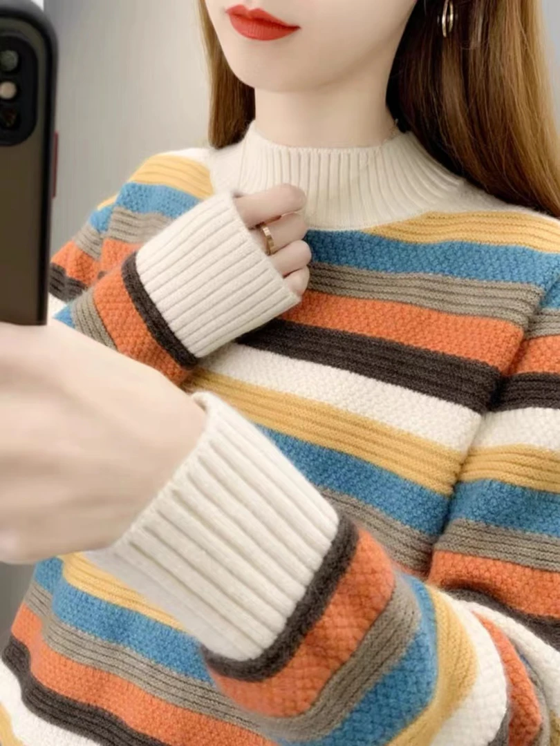2025新款早春毛衣女半高领针织衫厚款百搭宽松显瘦条纹时尚