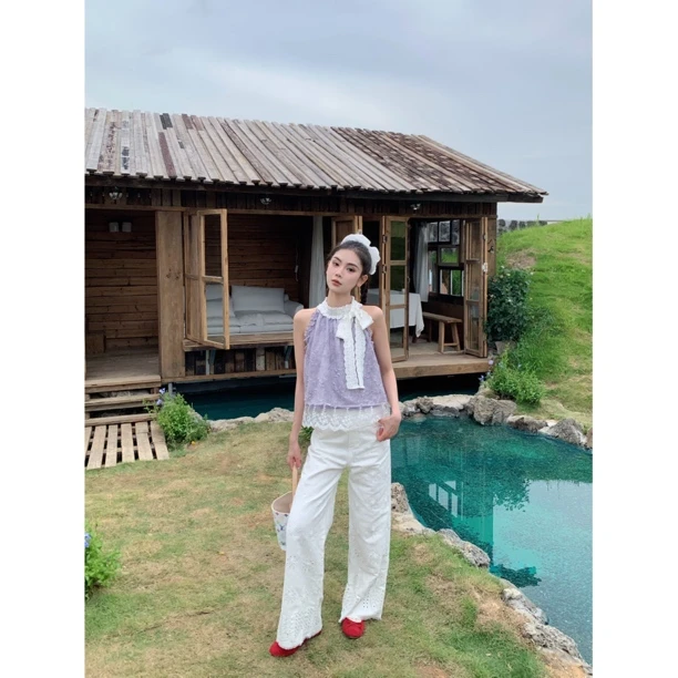 【赵小小&美感天花板】法式挂脖绑带背心显瘦蕾丝娃娃衫上衣27009