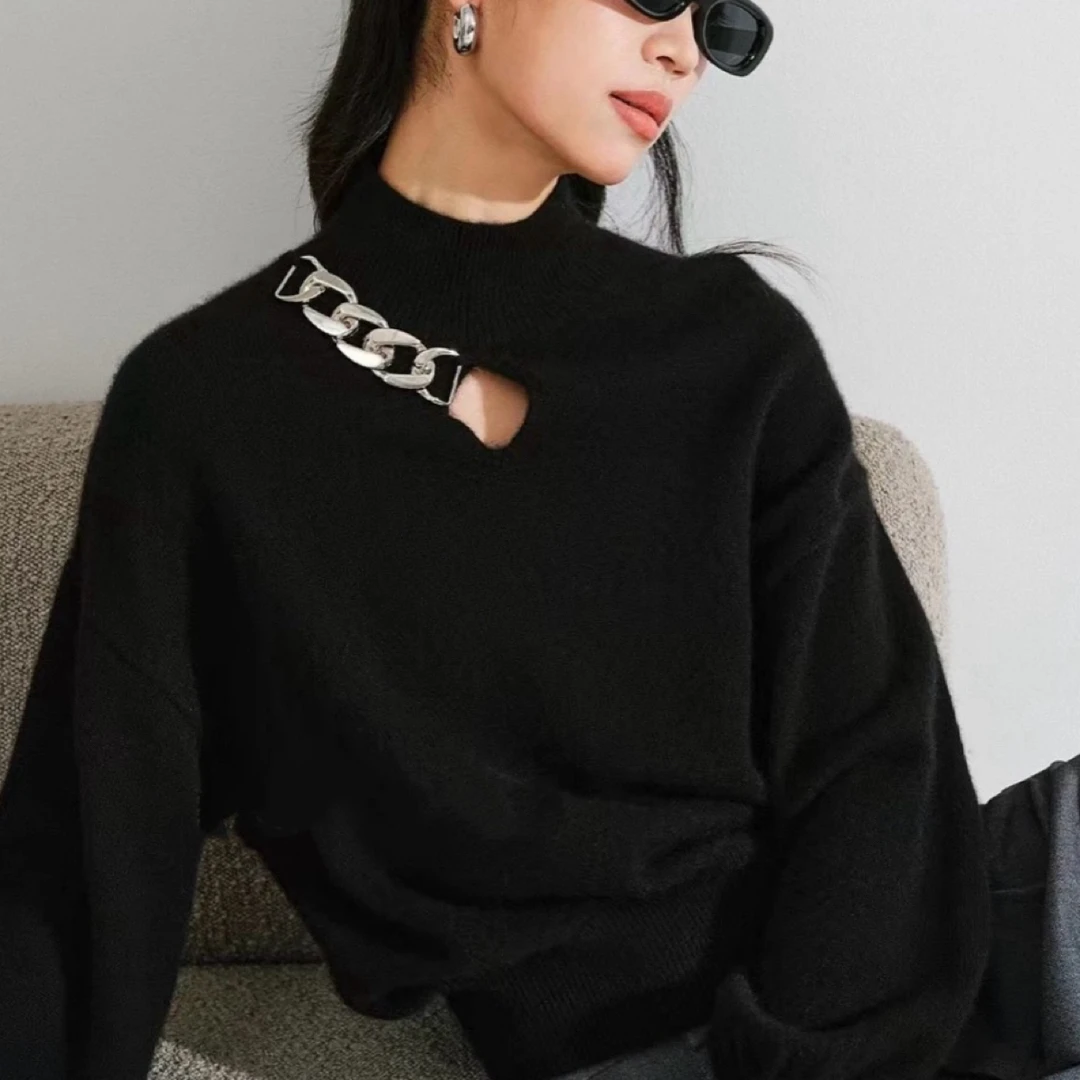 未使用 ALEXANDER WANG 大王链条胸前镂空破洞短款毛衣M码 03348