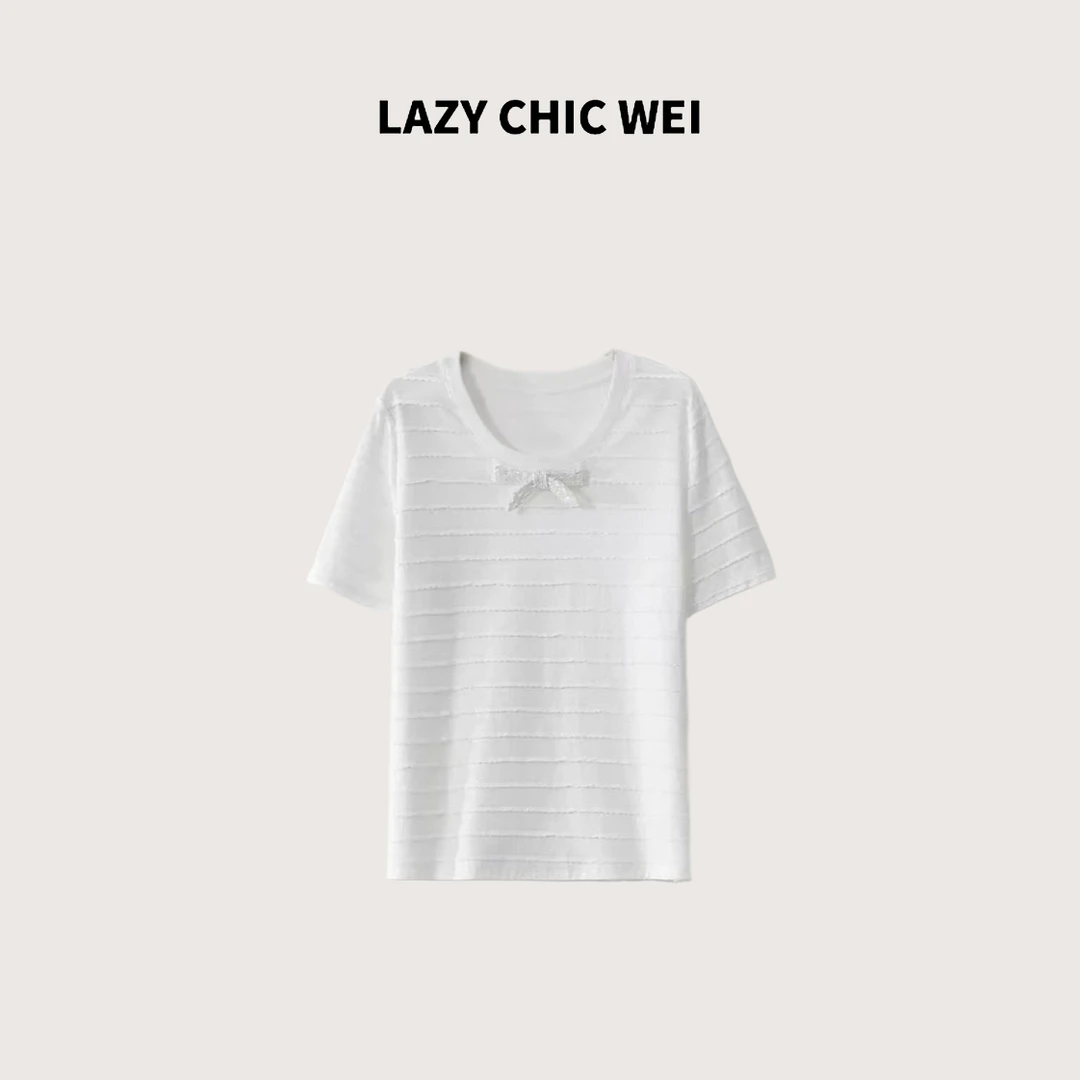 LAZY CHIC WEI 棉混纺波浪线蝴蝶结减龄凉感正肩休闲T恤25SSW1251