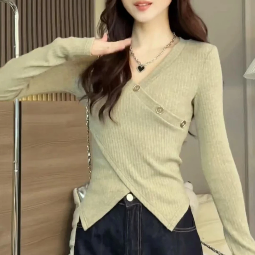 秋冬不规则设计感针织衫女修身内搭打底衫V领交叉洋气上衣女