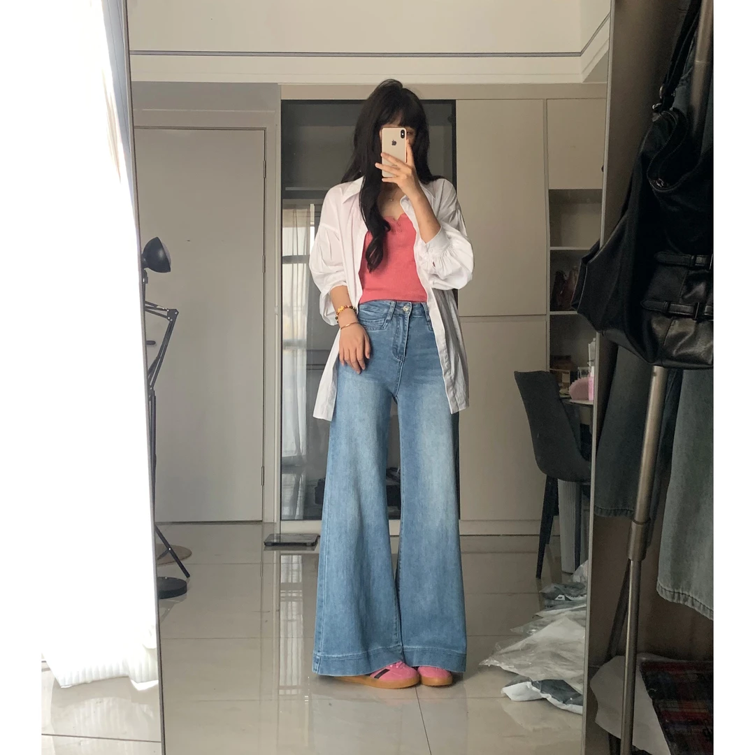 奕衫2025年春新款高腰阔腿浅蓝色牛仔喇叭弹力裤女设计感显瘦百搭