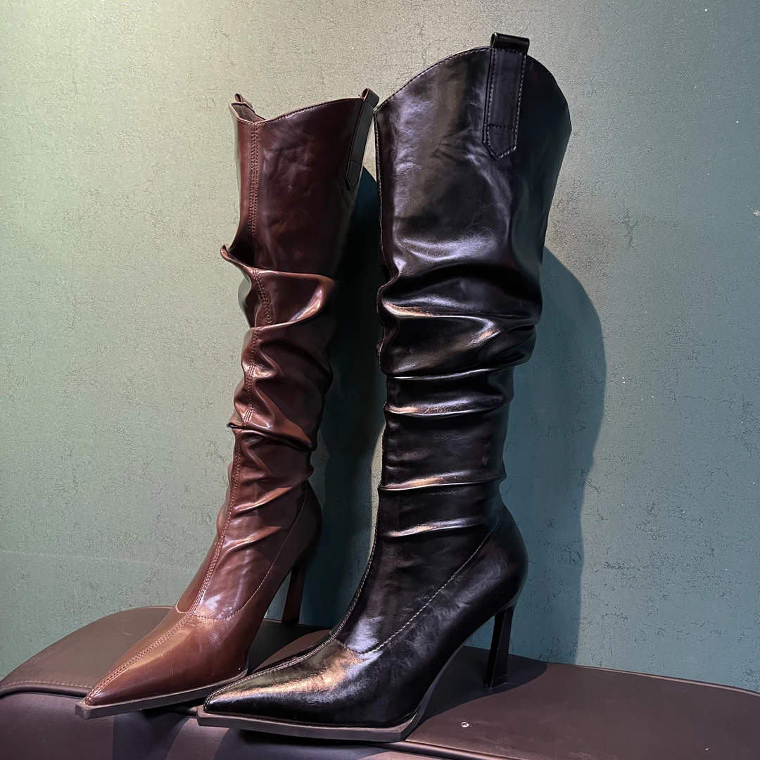 368-28新款网红版时尚女长靴高跟尖头长筒百搭细跟爆款女靴