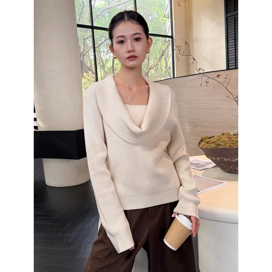 荡领毛衣女款2025新款秋冬外穿长袖针织假两件打底衫内搭上衣气质