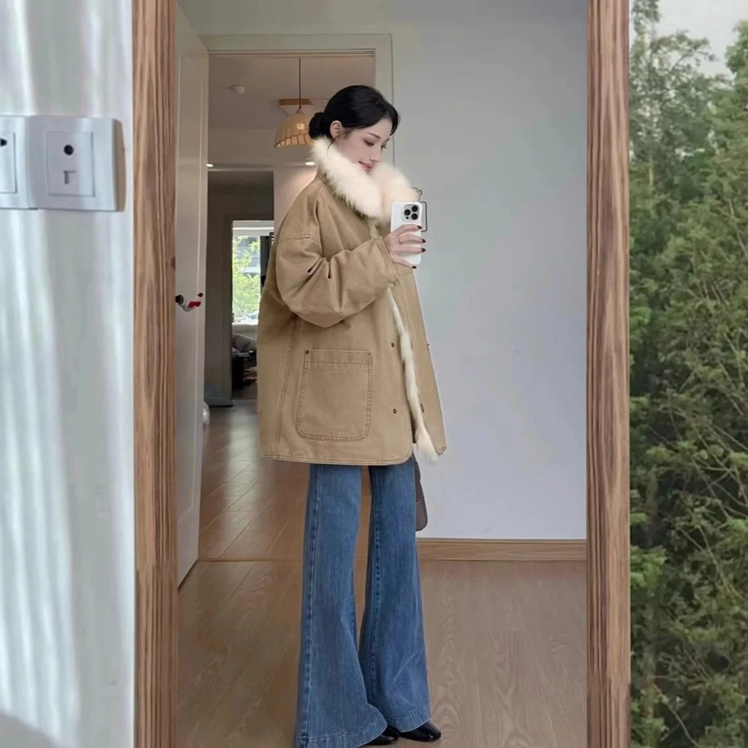 酷飒工装风连襟毛领派克服女冬季松弛宽松加厚保暖棉服外套