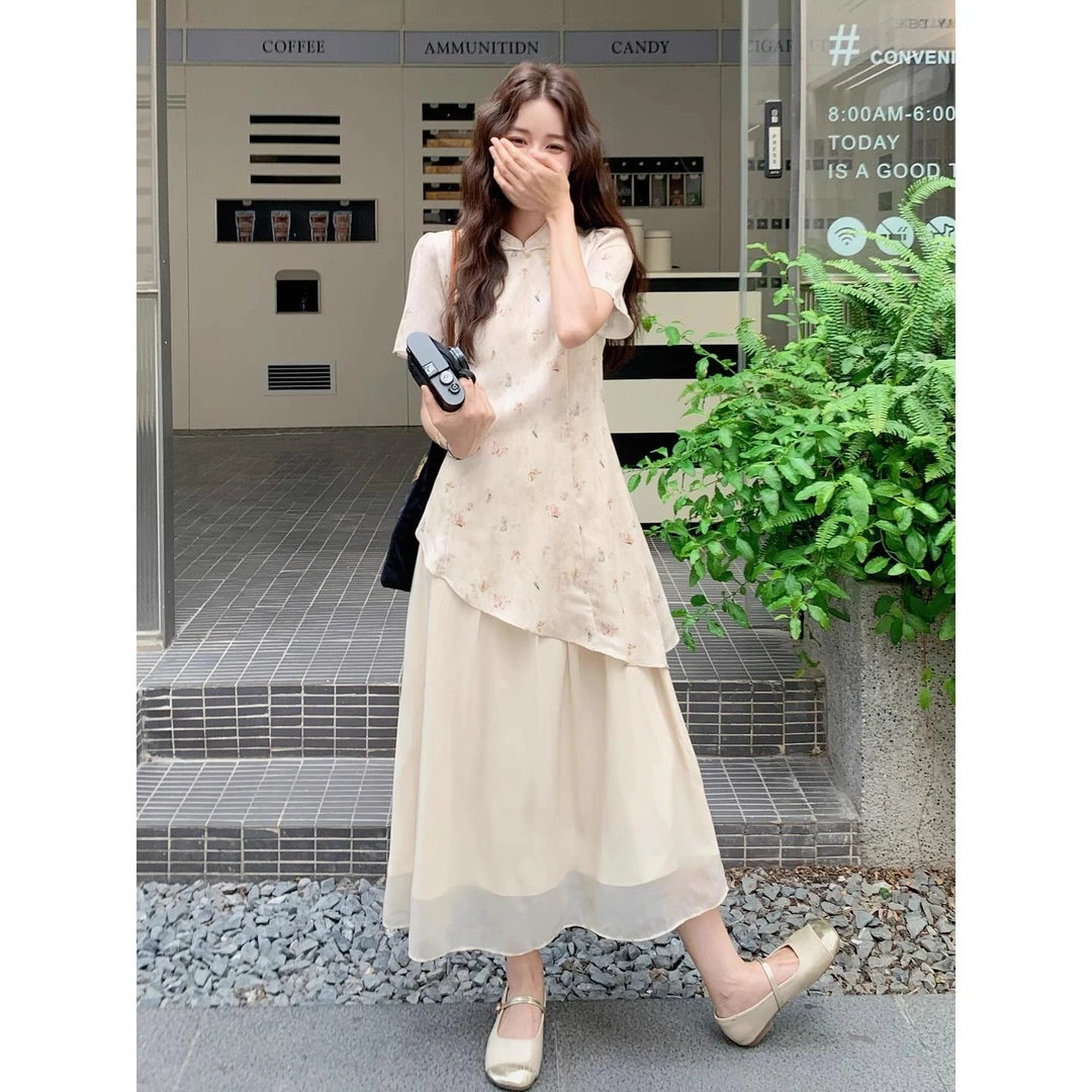 温柔气质新中式改良假两件旗袍裙女2025夏高级感民国风拼接连衣裙