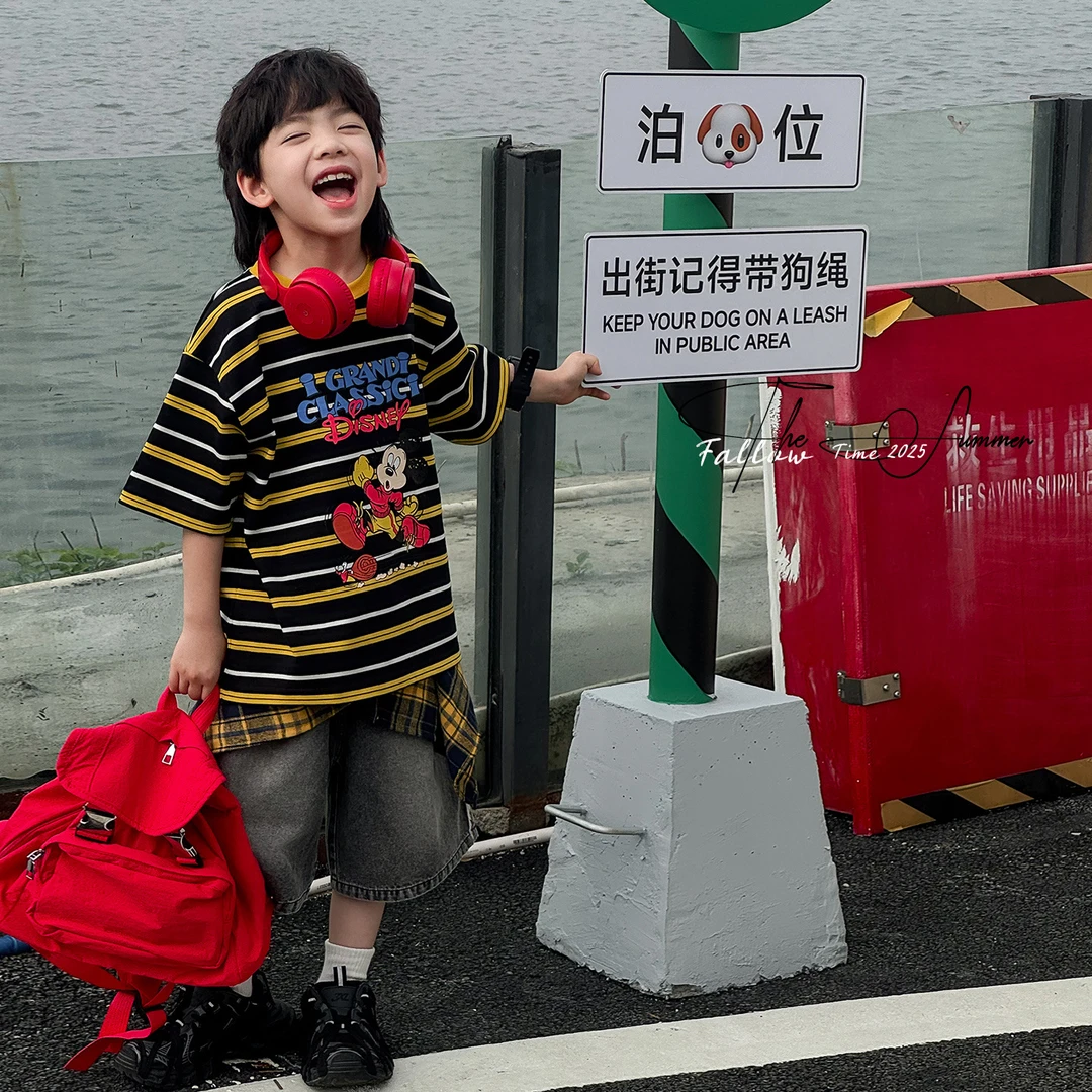 2025男童夏款时尚卡通印花条纹儿童短袖T恤FX5100