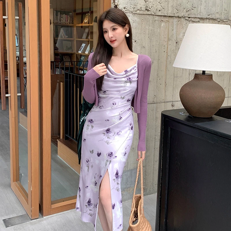 夏季新款韩版高腰吊带连衣裙女印花纯欲风包臀裙女度假吊带裙子女