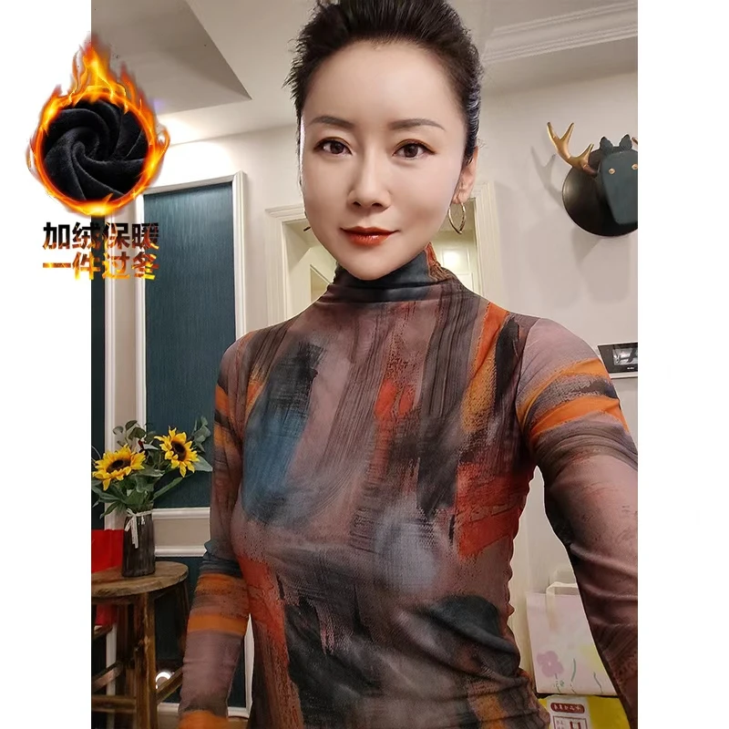 C102#长袖修身型女植物花卉常规款T恤加厚保暖复古过冬