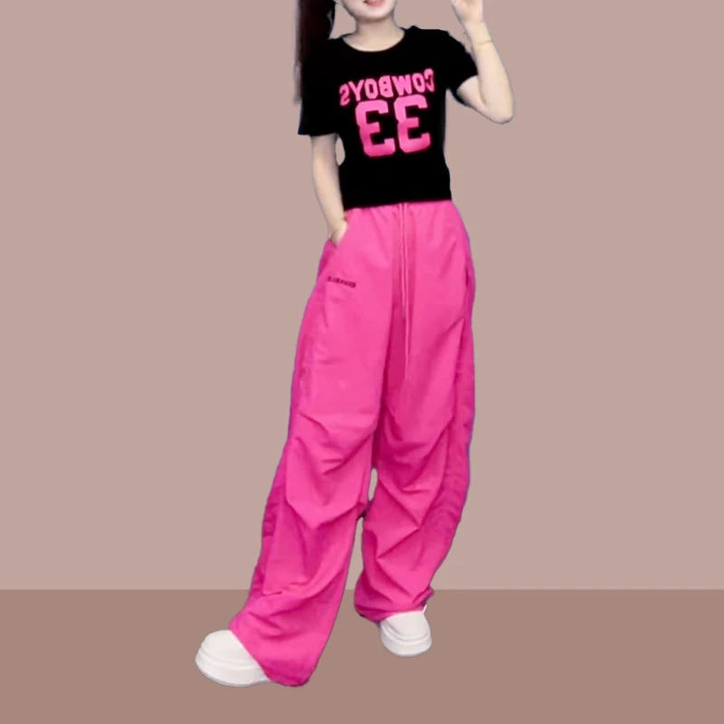 2025年夏季薄款欧货玫红色冰丝速干伞兵裤抽绳松紧高腰跳舞裤子女