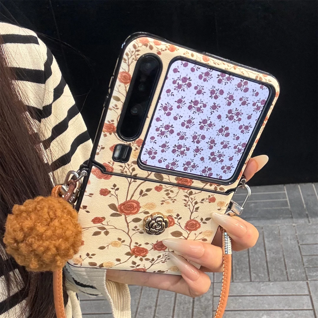 适用华为purax折叠屏手机壳米黄底pocket2玫瑰花朵立体山茶花手绳
